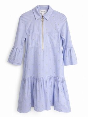 Derek Lam 10 Crosby Blue Stripe | Embroidered Cotton Shirt Dress Gold Zip